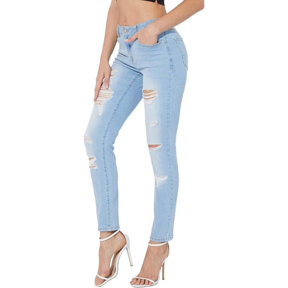 Women's High Waisted Skinny Jeans  Boyfriend Distressed with Hole - Picture 2 of 7